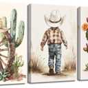 XLMDYYSW Western Cowboy Wall Art Set of 3 Nursery Canvas Prints Cactus Desert Poster Picture Cowboy Hats Paintings for Baby Boys Bedroom Children Decor Framed (Brown, 16.00" x 24.00" x 3PCS)