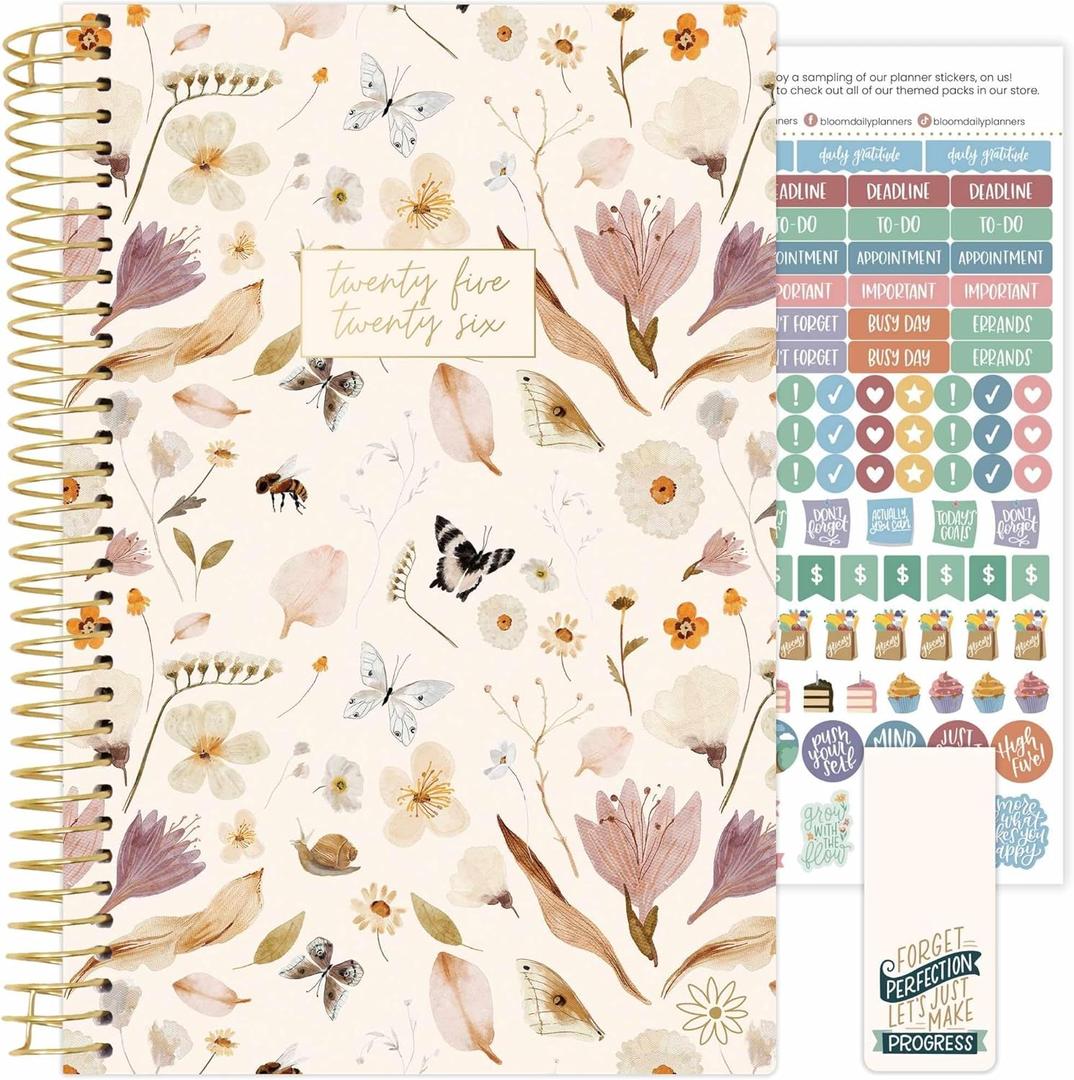 bloom daily planners 2025-2026 Academic Year Daily Planner (July 2025 - July 2026) - Weekly & Monthly Calendar Agenda Organizer Book with Stickers & Bookmark - 5.5" x 8.25" - Butterfly Garden (Beige)