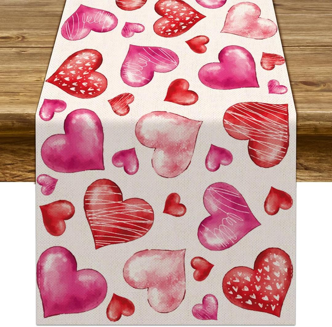 Sunwer Valentine's Day Watercolor Table Runner Red Heart Wedding Anniversary Party Decoration Home Kitchen Dining Room Decor 72Inches Long