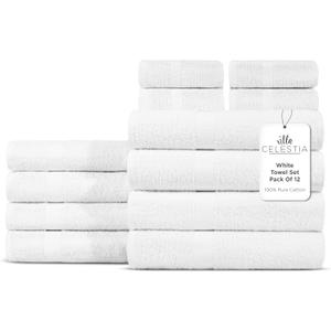 100% Cotton Bath Towel Set of 12-4 Bath Towels, 4 Hand Towels, 4 Wash Cloths, Sustainable, Soft, Highly Absorbent, Combed Cotton 12 Piece Set for Hotels, Spa, Bathroom, Dorm, White