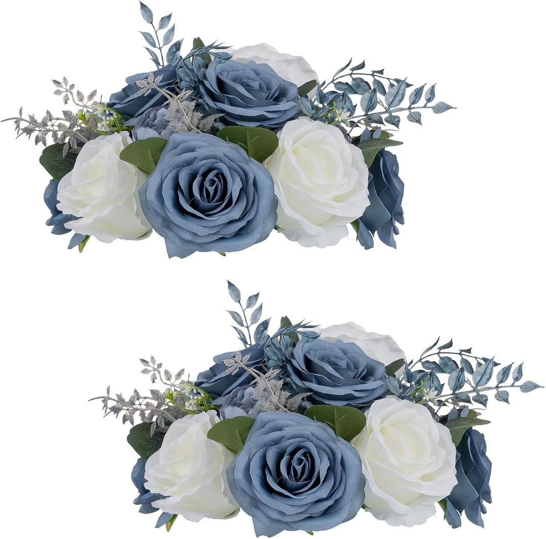 NUPTIO Flower Ball Centerpieces for Tables: Dusty Blue & White Artificial Rose Fake Floral Arrangement for Wedding Party Centerpiece Decorations 9.4 Inch Diameter 2 Pcs