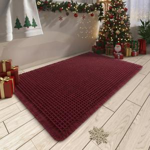 Upgraded Christmas Waffle Bath Mat, Super Absorbent Non Slip Bath Mats for Bathroom Floor, Machine Washable Bathroom Rugs with Tassels, Rubber Backed Bathroom Mats, Ultra Soft, 17" x 24", Burgundy