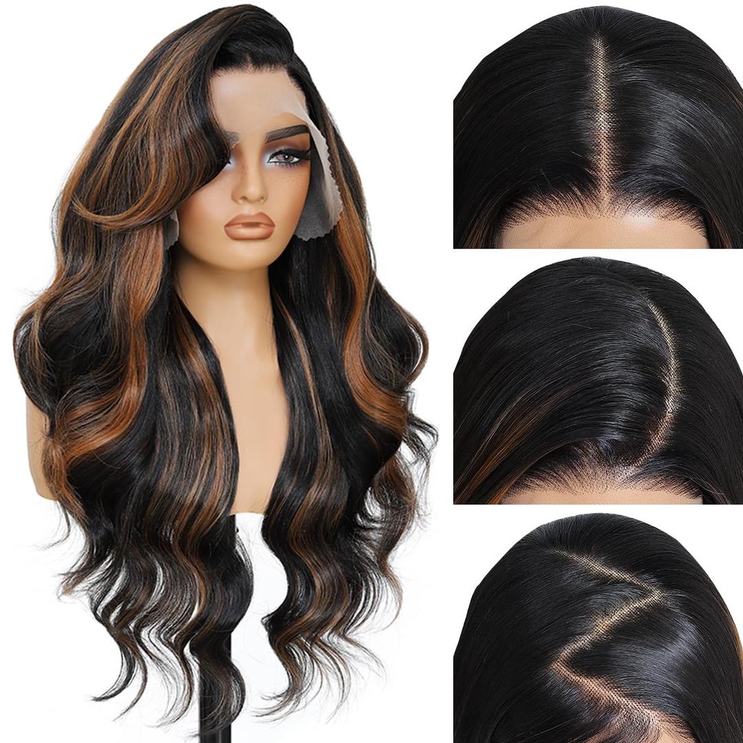 13x6 HD Lace Front Wigs Pre Plucked Skunk Stripe Brown with Black Wigs For Women Body Wave Wigs 28 Inch Ready Wear 100% Futura Premium Wig Beginner Friendly Daily Party Use