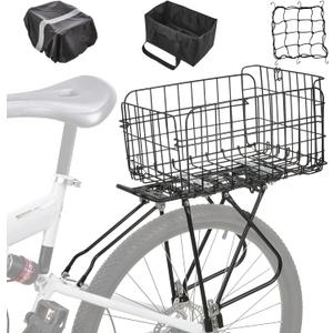 Rear Bike Rack with Basket- Bicycle Cargo Rack with Waterproof Cover, Liner and Cargo Net, Bike Storage Basket for 26" - 29" and 700c Bikes