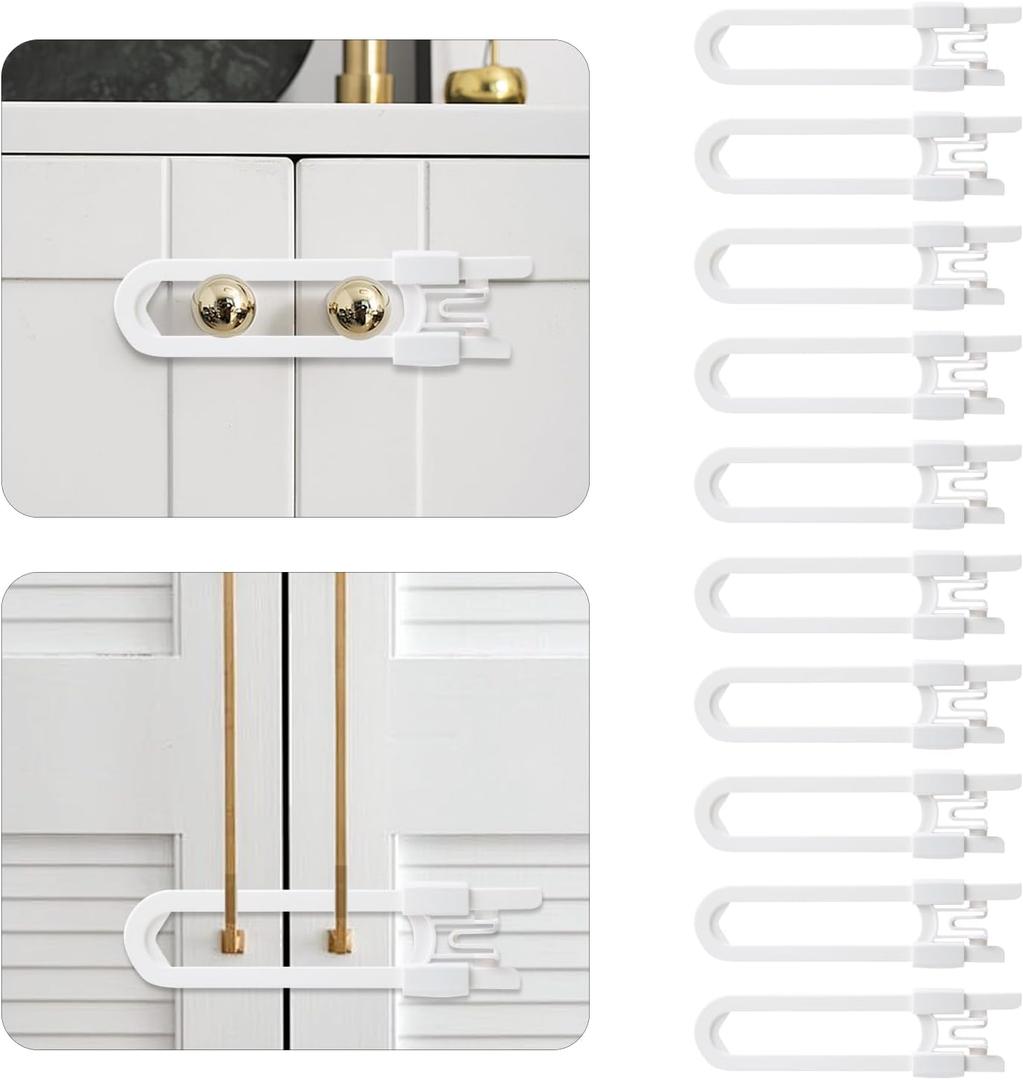 10 Pack Baby Sliding Cabinet Locks - Safeasy Adjustable U Shaped Child Safety Locks,Childproof Latches for Kitchen Bathroom Storage Cupboards Doors, Handles and Knobs (white, 10)