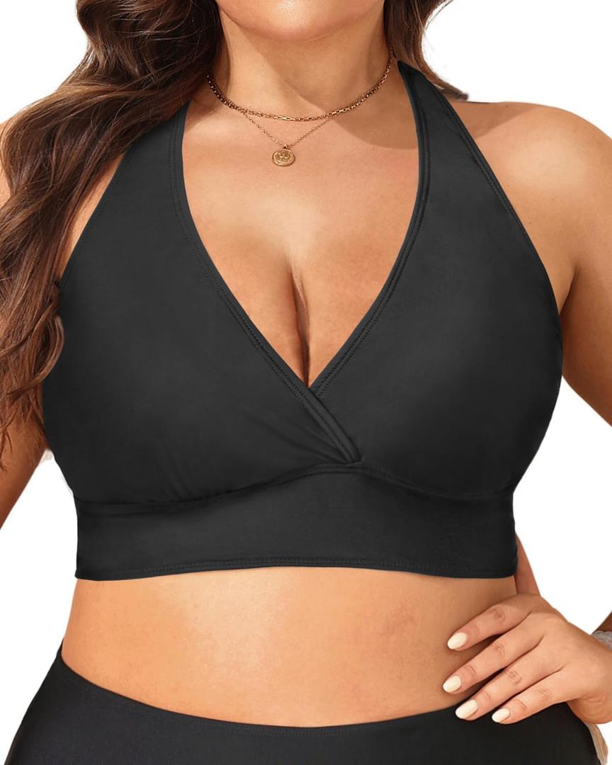 Yonique Women's Plus Size Bikini Tops Only Halter Swimsuit Top Large Bust Swim Top V Neck Bathing Suit Tops Black 18W