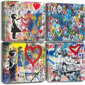 Biufo Banksy Canvas Wall Art Prints Pop Graffiti Street Art Pictures for Bedroom Living Room Wall Decor (12"x12"x4Pcs) (Blue)