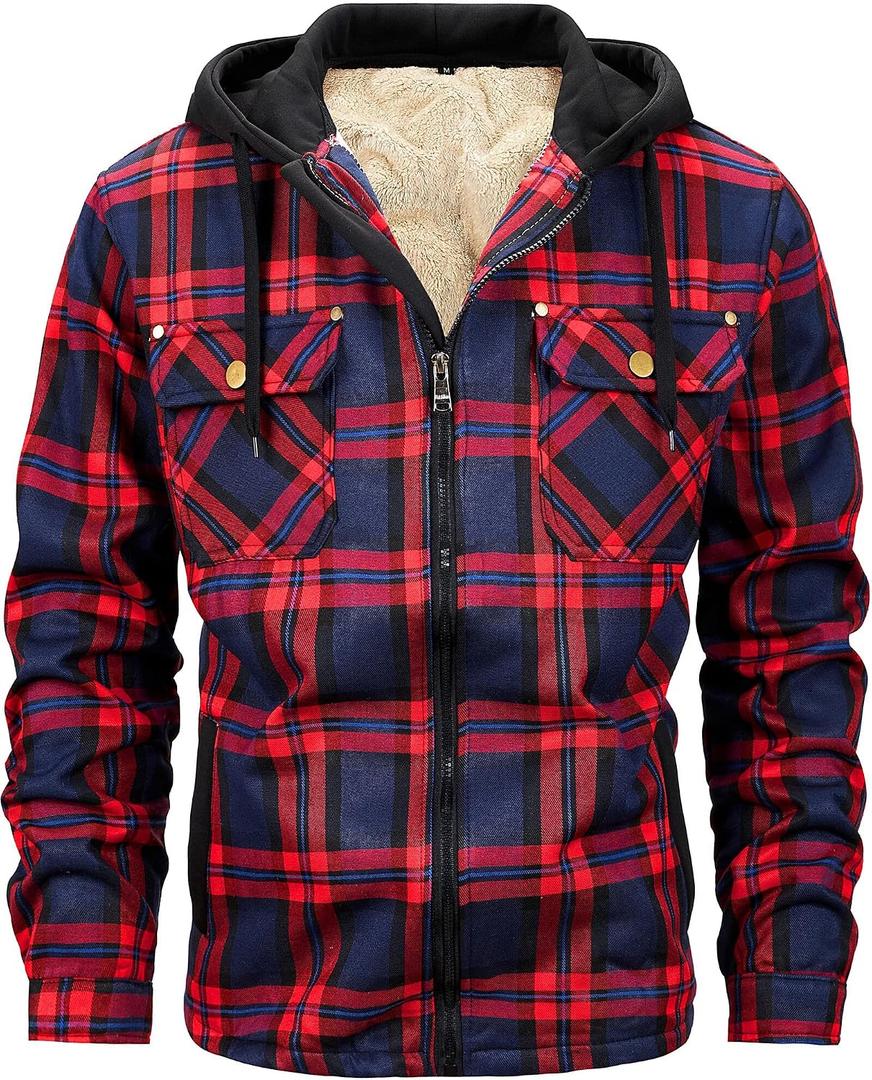 Men's Winter Cotton Plaid Shirts Jacket Warm Fleece Lined Flannel Hooded Shirt Jacket Coat for Men (Red, M)