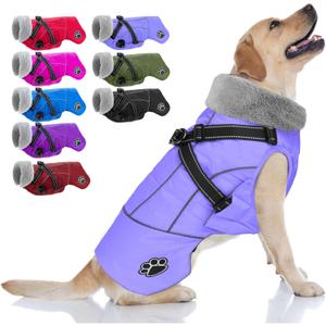 Doglay Dog Coat with Harness, Reflective Warm Dog Jacket Waterproof Puppy Winter Coat for Cold Weather, Adjustable Fleece Jacket for Small Medium Large Dogs (LLight Purple)