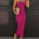 ZESICA Women's 2026 Summer Strapless Bodycon Midi Dress Off Shoulder Sleeveless Side Slit Tube Long Club Party Dresses (Pink, S)