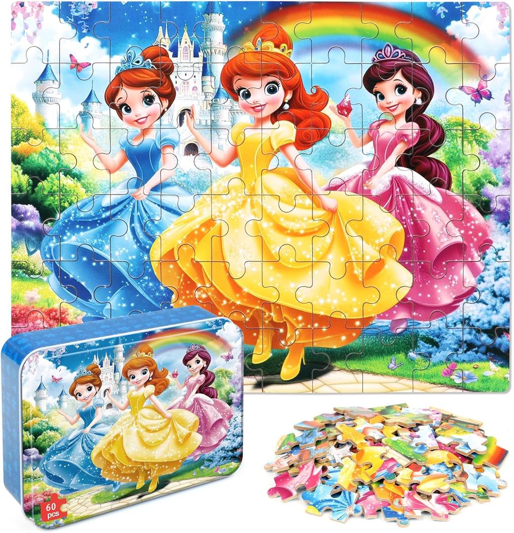 Princess Puzzles for Kids Ages 4-8, 60 Pieces Jigsaw Puzzles for Kids Ages 3-5 Puzzle for Girls and Boys Learning Educational Puzzles Toys in a Metal Box