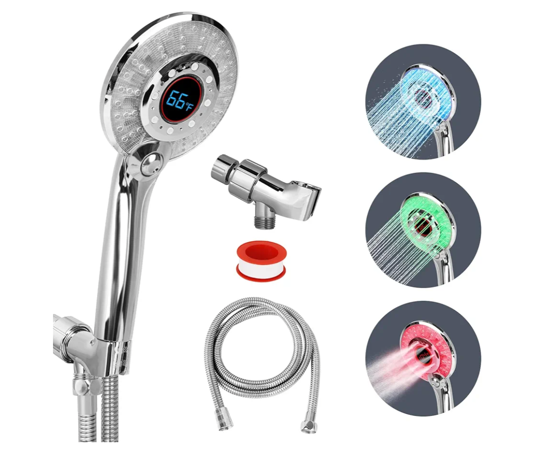 LED Shower head with Temperature Display, High Pressure Shower Head with 59" Stainless Steel Hose, Temperature Display Sensor Light up with 3 Color, Water Saving Showerhead with Shower Adapter