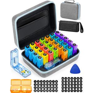 Monthly Pill Organizer 2 Times a Day with Weekly Pill Bags, Portable Hard Shell Case, Pill Cutter & Opener Pick, Monthly and Weekly Stickers for Medication Management (Blue, 2 Times a Day)