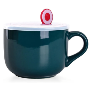 WHJY Simple Ceramic Soup Mugs with Lid, 22 oz Soup Cups with Handle, Microwave Oatmeal Bowl Coffee Mug with Lid and Handle for Milk, Tea, Fruit, Ice Cream Cereal Coffee - Dark Green