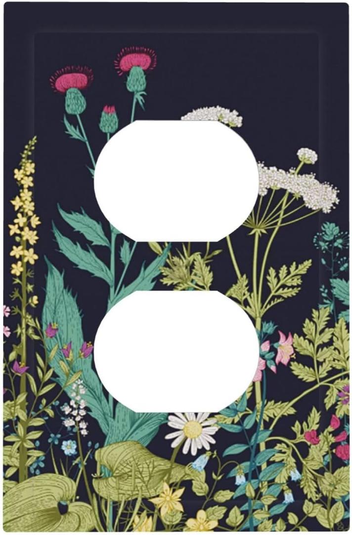 Decorative Watercolor Boho Floral Duplex Outlet Covers Receptacle Wall Plate 1-Gang Spring Nature Blossom Sage Herbs Plant Vintage Flower Electrical Decorator Light Switch Plug Socket Faceplate Cover