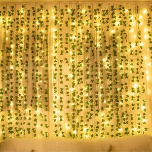 COOLUCK 84Ft 12 Pack Artificial Ivy Leaf Plants Vine with 80 LED String Light,Green Vines Garland, Hanging for Home Kitchen Office Wedding Wall Dcor