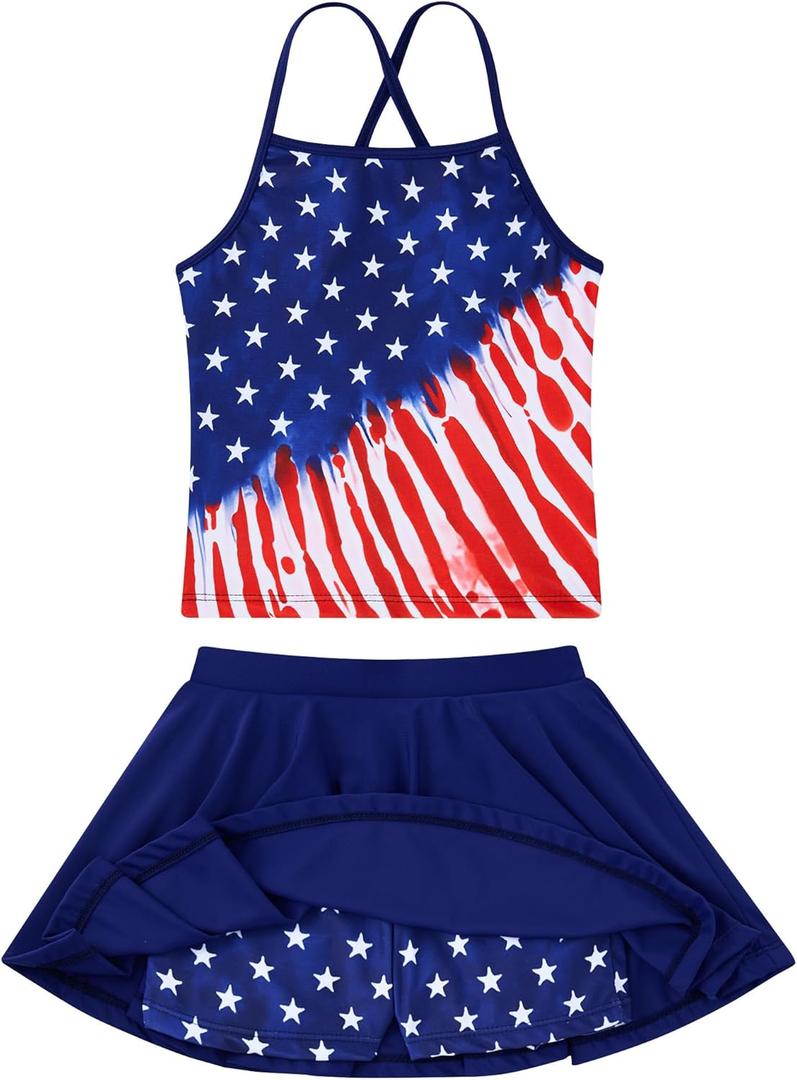 Girls Tankini Swimsuit Mermaid Bathing Suits Criss-Cross Strap Adjustable Summer Beach Two Piece Swimwear Size 4-12 (5-6 Years, American Flag 1)