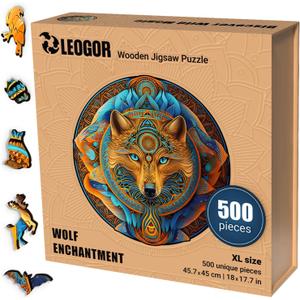 LEOGOR Wooden Puzzles for Adults  500 Piece, 18 x 17.7 in Extra-Thick 5mm Wood Puzzles Adult, Round XL Mosaic Jigsaw, Wolf Enchantment, Unique Hand-Shaped Pieces