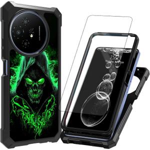 for TCL 50 XL 5G Phone Case,for TCL 50 XL Nxtpaper 5G Phone Case with Screen Protector [Tempered Glass],Dual Layer Protection Heavy Duty Shockproof,Reinforced Corners,Green Glitter Skull
