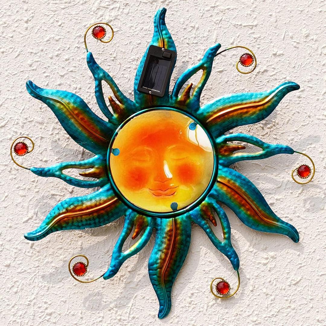 18 "Solar Sun Face Wall Art - Metal Sun Sculpture with LED Lights & Smiling Face, Outdoor Wall Hanging Decorations (Blue)