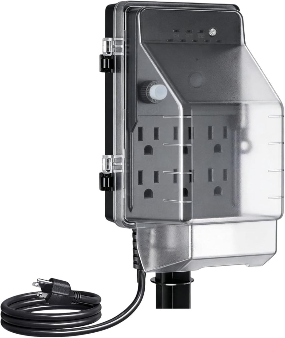 Outdoor Power Stake Timer with Photocell, Dusk to Dawn, 6 Electrical Outlet Power Strip Light Timer,Weatherproof, 6FT Extension Cord Multiple Outlet for Christmas Lights, Yard