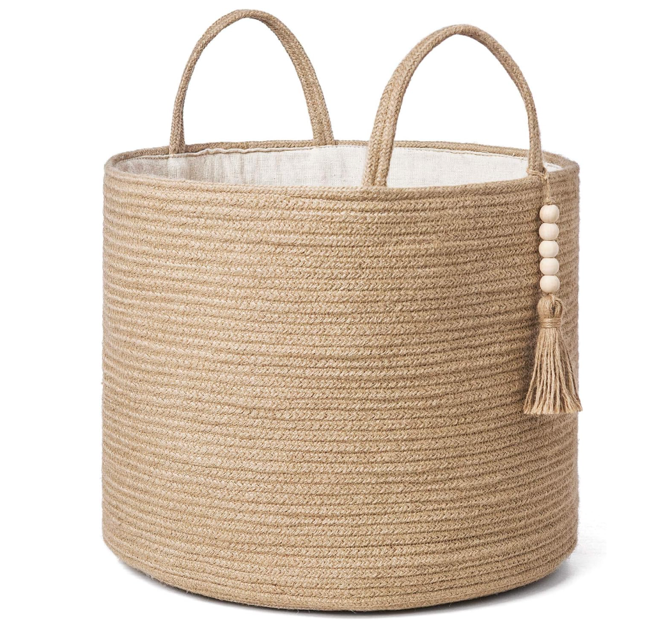 Mkono Woven Storage Basket Decorative Natural Rope Basket Wooden Bead Decoration for Blankets,Toys,Clothes,Shoes,Plant Organizer Bin with Handles Living Room Home Decor, Jute, 16" W × 13.8"L