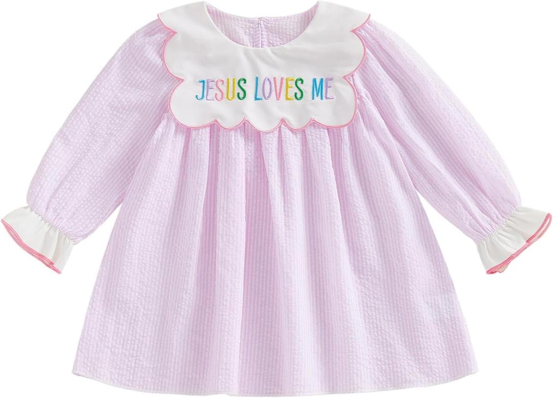 Toddler Baby Girl Easter Outfit Jesus Loves Me Embroidery Ruffle Smocked Dress Striped Princess Dresses