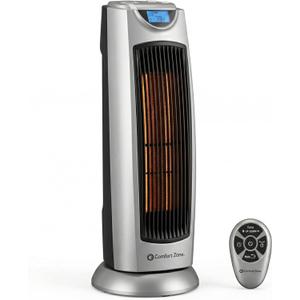 Comfort Zone 1,500W Ceramic Tower Space Heater with Remote, Backlit Digital Thermostat & Temperature Display, 3 Heat Settings + Fan Mode, 90 Oscillation, Timer, Overheat & Tip-Over Protection