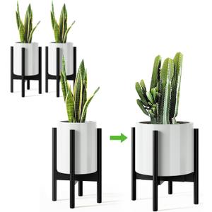 MUDEELA 2 Pack Adjustable Plant Stand for Indoor, Bamboo Plant Stand for 8 9 10 11 12 Inches Pot, Single Tier Flower and Planter Holder Floor Stand, Pot Not Included, Black, Mid Century Modern Style