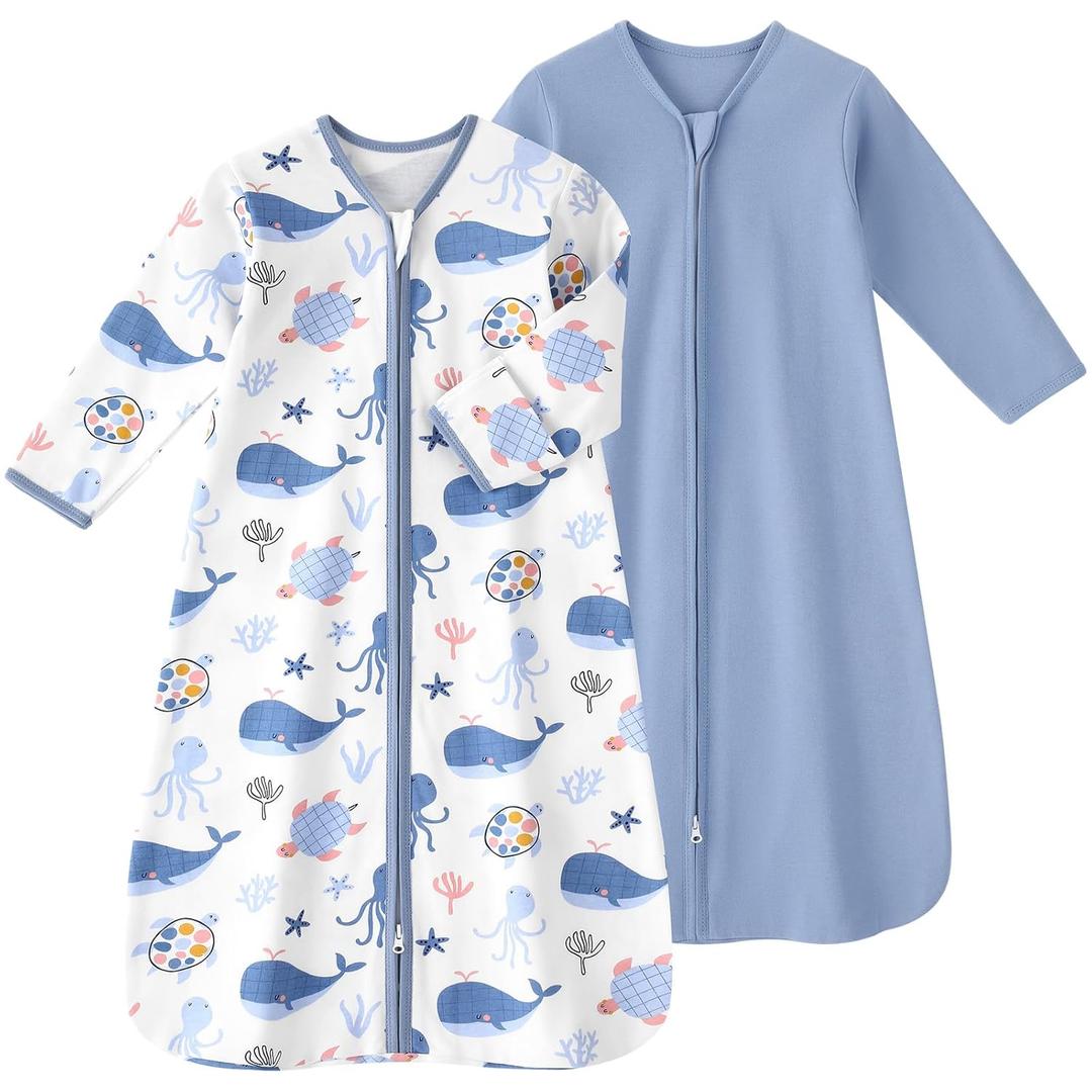 Baby Sleep Sack 6-12 Months, Long Sleeve Baby Wearable Blanket 0.5 Tog with Mittens, 2-Way Zipper Newborn Cotton Sleeping Sack for Boy and Girl Blue Whale 2 Pack (Medium)