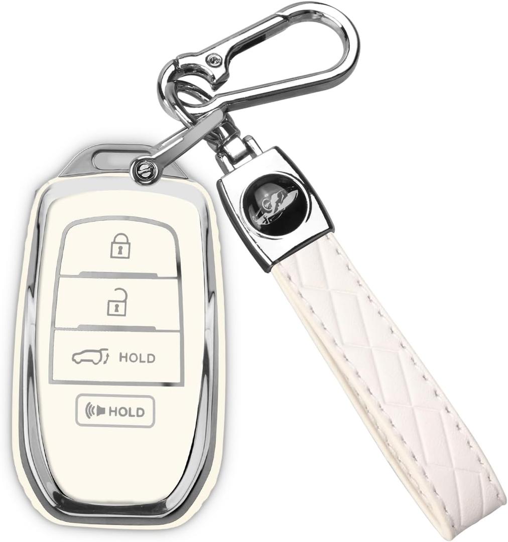 Key fob Cover for Toyota with Keychain, Soft TPU Key Shell Case for 2025 Camry, 2021-2025 Venza Sienna, 2019-2025 Land Cruiser, 2023-2025 Highlander Tundra Corolla Prius (Silver/White, 4 Buttons)