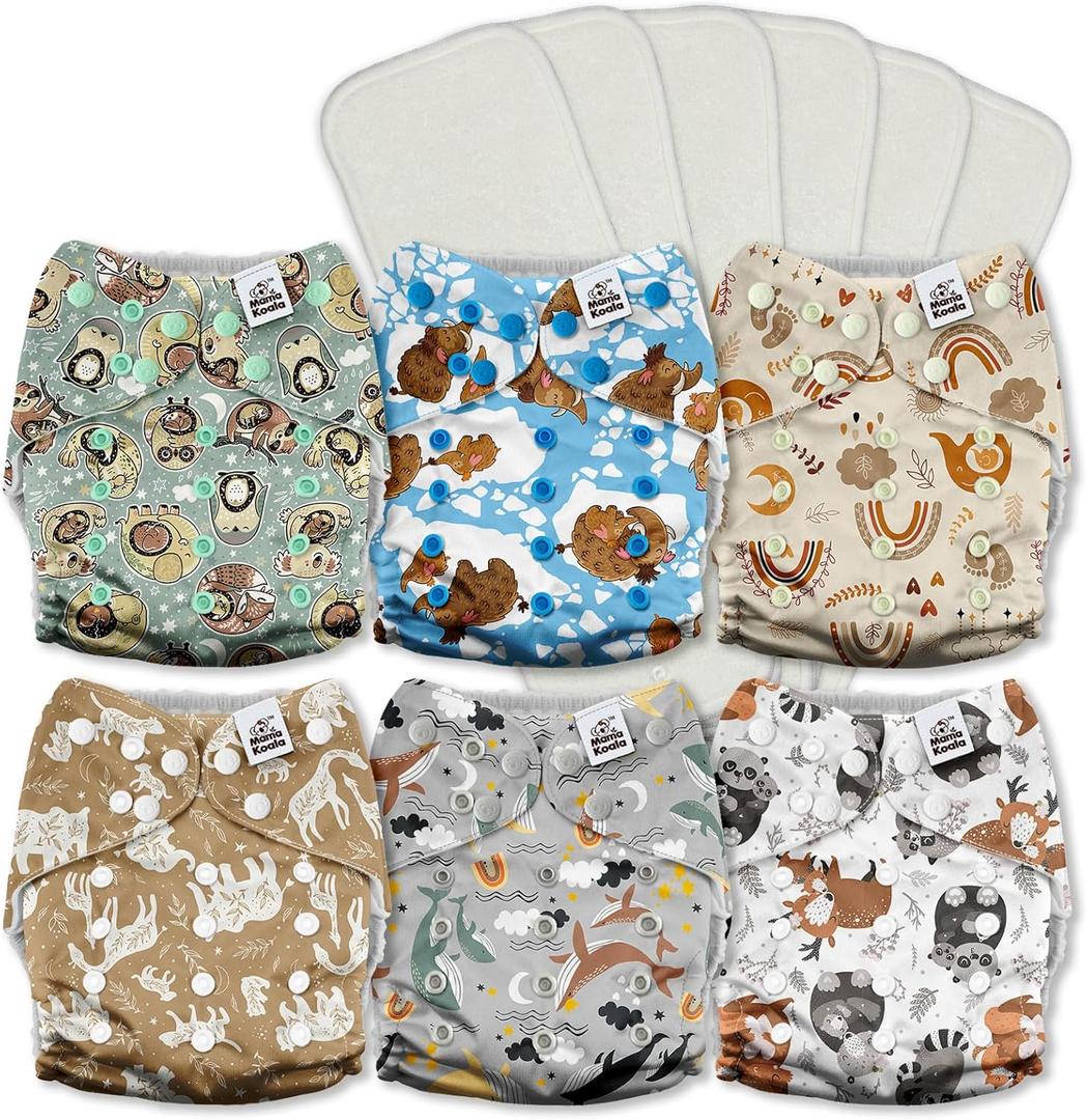 Mama Koala 3.0 Cloth Diapers for Babies with AWJ Lining, 6 Pack with 6 5-Layer Natural Cloth Diaper Inserts - Reusable and Washable Pocket Diapers(A-Animals' Love)