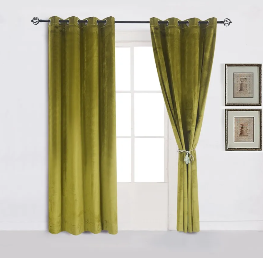 Cherry Home Super Soft Luxury Room Darkening Velvet Moss Green Thermal Blackout Curtain Panel Drapes Grommet Draperies Eyelet 52Wx84L inch Green Yellow,2 Panels