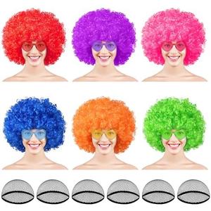 PLULON 6 Pack Colored Afro Wig with Heart Sunglasses Hair Cap for Women Men, Funny Curly Afro Wigs Disco Hippie Party Hairpieces for Halloween Costume Cosplay Party Carnival Music Festival Decor