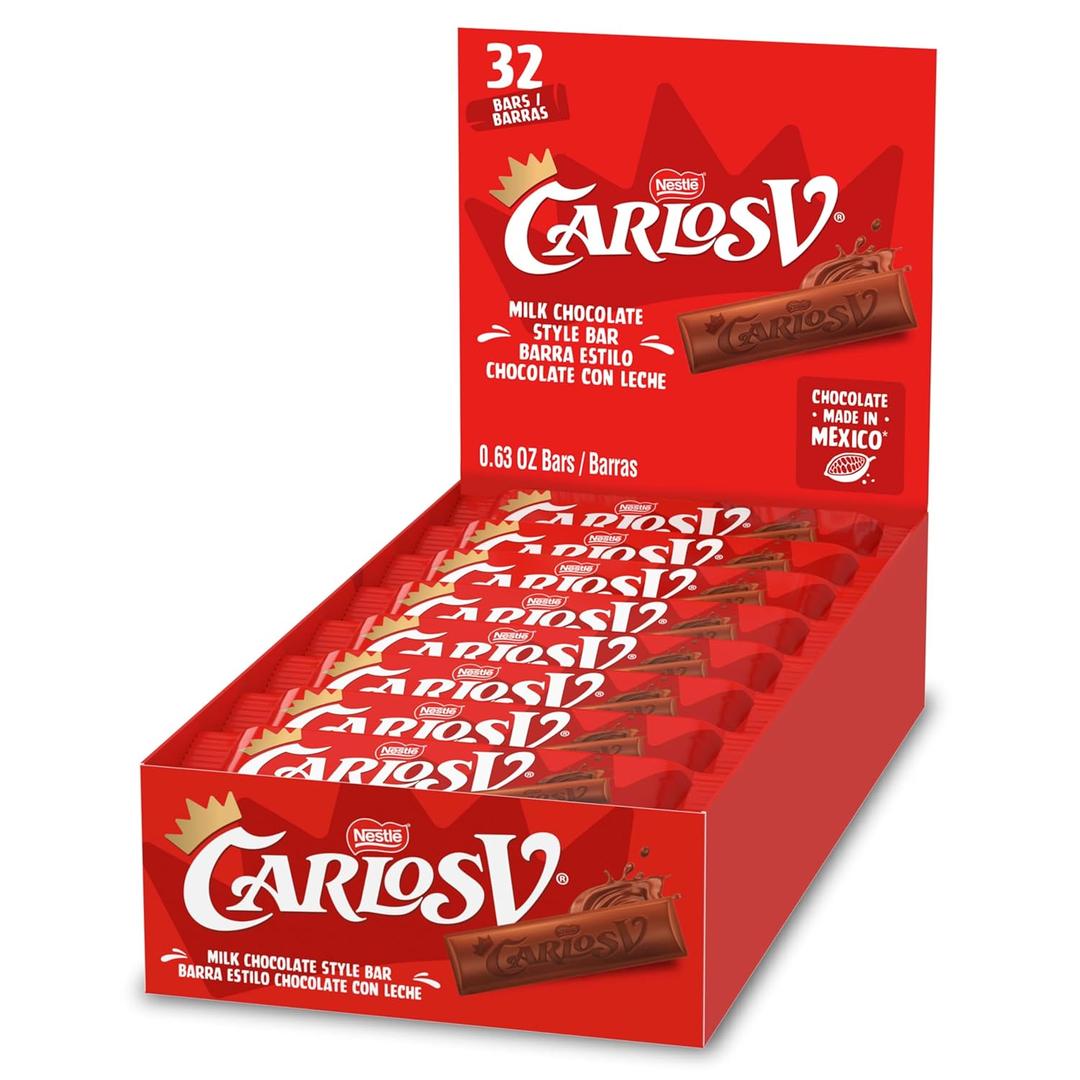 Carlos V Milk Chocolate Style Full-Size Mexican Candy Bar, Bulk Candy Box, Made in Mexico, 32 Count (EXP 06/30/26)