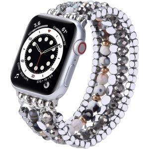 VISOOM Beaded Boho Bracelet Compatible for Apple Watch Band 40mm/38mm/41mm Series 8 7 SE Women Fashion Cute Handmade Crystal Beads Stretchy Watch Strap for iWatch Bands Series 6/5/4/3/2/1 Replacement (Silver)