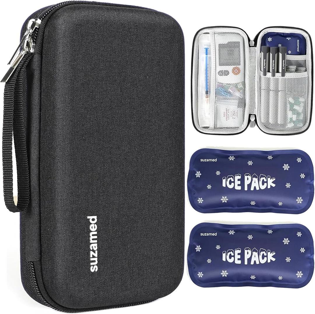 suzamed Insulin Cooler Travel Case,EVA Insulation Travel Medicine Kit with 2 Ice Packs for Diabetes Care,Insulin Pen and Other Diabetic Supplies (Black)