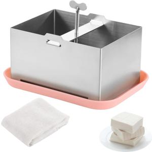 Stainless Steel Tofu Press Kit, Adjustable Tofu Maker Mold with Presser Towel and Drip Tray,Paneer Making Machine for Homemade Firm Tofu Chees (L)