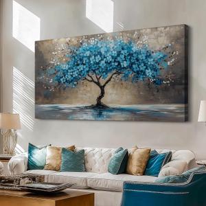 selatala Tree of Life Large Wall Art for Living Room 24"X48", Teal Blooming Flowers Canvas Wall Decor, Blue Nature Tree Abstract Painting Picture, Modern Office Bedroom Bathroom Farmhouse Decor