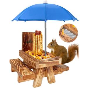 MIXXIDEA Squirrel Feeder Picnic Table with Tall Umbrella, Wooden Squirrel Feeders for Outside, Cute Chipmunk Feeder with Corn Cob Holder, Solid Structure, Thick Wood (Rustic Brown Red Umbrella)