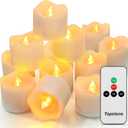 Topstone Flameless Candles with Remote Control, Battery-Operated LED Electronic Candles, 400+ Hours with CR2450 Battery, Yellow Glow, Flickering Realistic Fake Candles for Home Decor, Wedding, Party (12pcs, white base ,amber light)