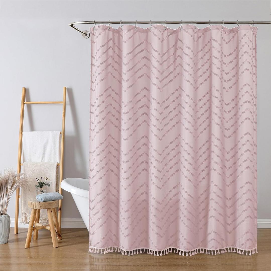 OWENIE Boho Shower Curtain, Blush Pink Fabric Cloth Shower Curtains Farmhouse Tufted Chevron Striped Textured with Tassel for Bathroom, Soft Hotel Style Modern Minimalist, Machine Washable, 72x72