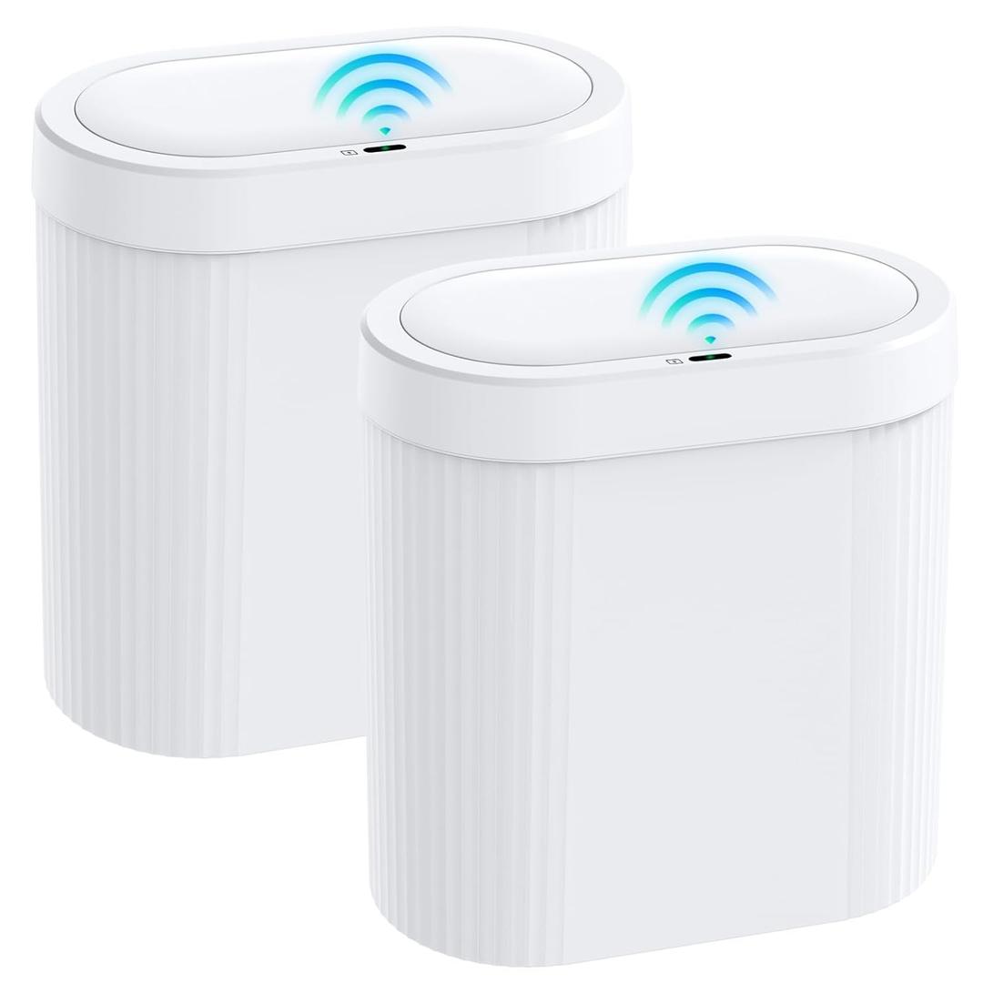 2 Pack 5 Gallon Bathroom Trash Can with Lid, Automatic Motion Sensor White Trash Can, Touchless Slim Waterproof Garbage Bin for Kitchen, Bedroom, Office, and Bathroom