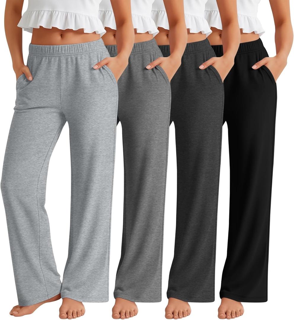YooAurvox 4 Pack Girls Straight Leg Pants Elastic Waist 5-16 Years Causal Trousers Kids Loose Lounge Sweatpants with Pockets(Light Gray, Heather Gray, Dark Gray, Black,9-10 Years)