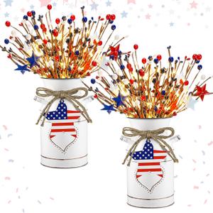 Tioncy 2 Sets 4th of July Patriotic Table Centerpieces Lighted Artificial Memorial Day Red White Blue Berry Stems Flag Star with Metal Vase Light Rustic 250th Anniversary Decor for Home Dining Table