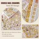 3D Cross Nail Charms,Gold Flat Back Nail Pearls Beads for Crafting,Cute Nail Charms Y2k Rhinestones Jewelry for Nail Art Flower Virgin Mary Religious Charms Gems Bulk Nail Chains (Gold)