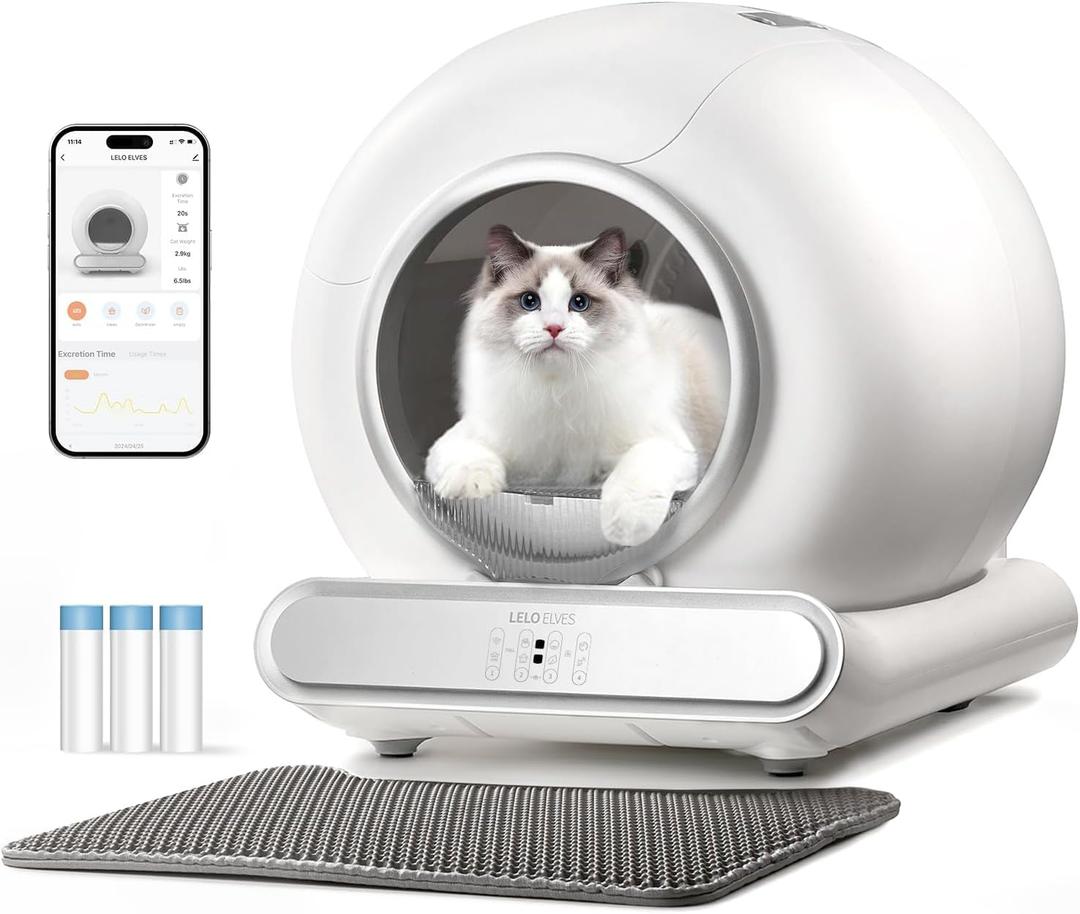 Self Cleaning Cat Litter Box, Ultra-Safe Protection Automatic Cat Litter Box, APP Control/Lower Entry/Large Capacity with 3 Rolls Liners & Mat, 65L