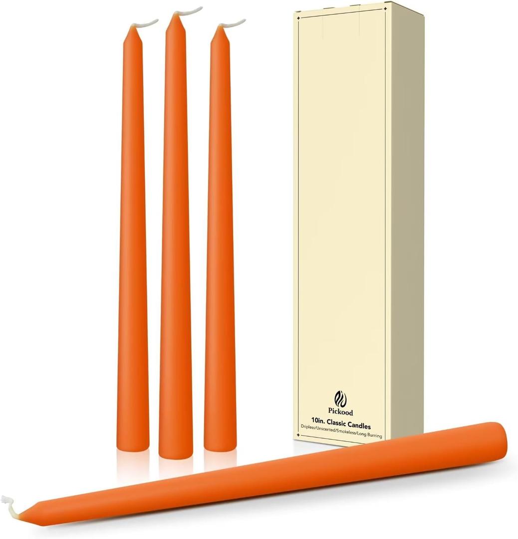 10-Inch Tall Dripless Taper Candles Set of 4 - Orange Tapered Candles, Perfect for Halloween,Fall - Smokeless, Unscented, Long Burning - Hand Poured, Colored Tall Candlesticks - Thanksgiving