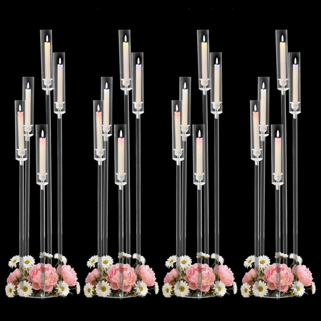 4PCS 5 Arms Acrylic Candelabra Centerpieces for Wedding, 45.7Inches Clear Candle Holders Table Centerpiece Floor Candle Stand with Shade for Christmas Party Home Decor Prom Entrance Decorations