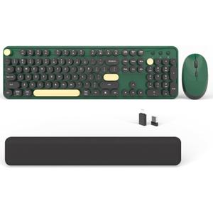 Colorful Wireless Computer Keyboards Mouse Combos, Cute Retro Typewriter Keyboard with Round Keycaps, 2.4 GHz 104 Keys Full-Sized USB/Type C Receiver Keyboard and Optical MouseDark Green